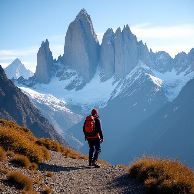 A hiker standing before the Fitz Roy mountain range in Patagonia.