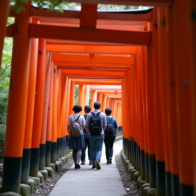 A small tour group walking through the red torii gates at Fushimi Inari Shrine in Kyoto, Japan.