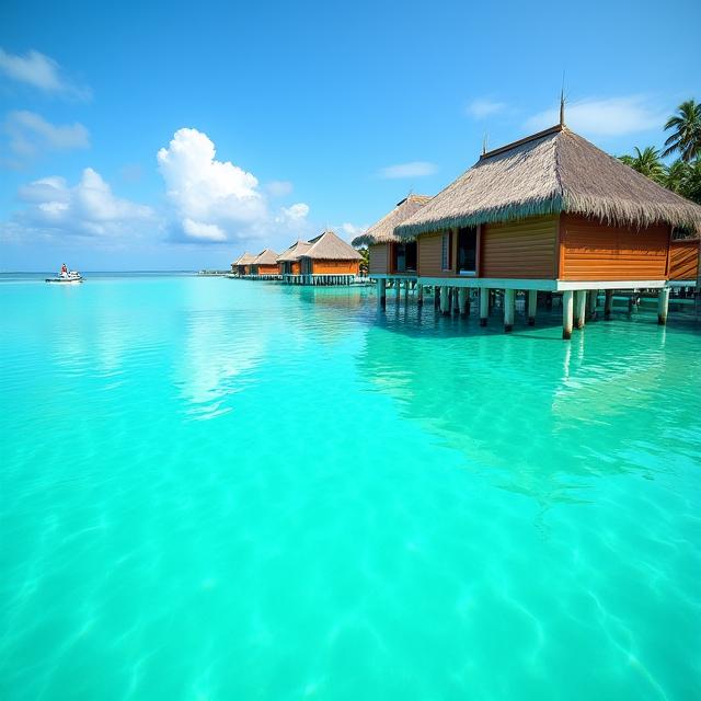 An overwater bungalow in the Maldives with crystal clear turquoise water.