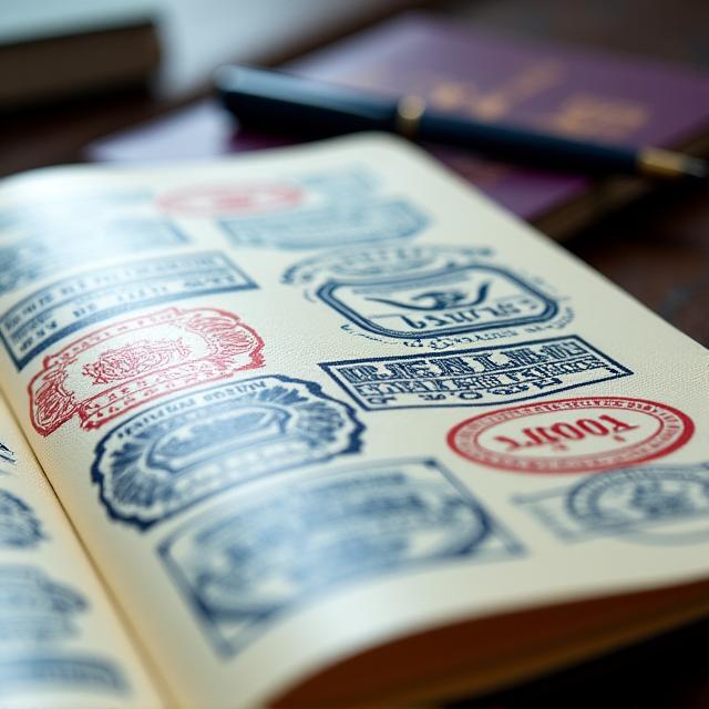 Close-up of a passport with various international visa stamps.