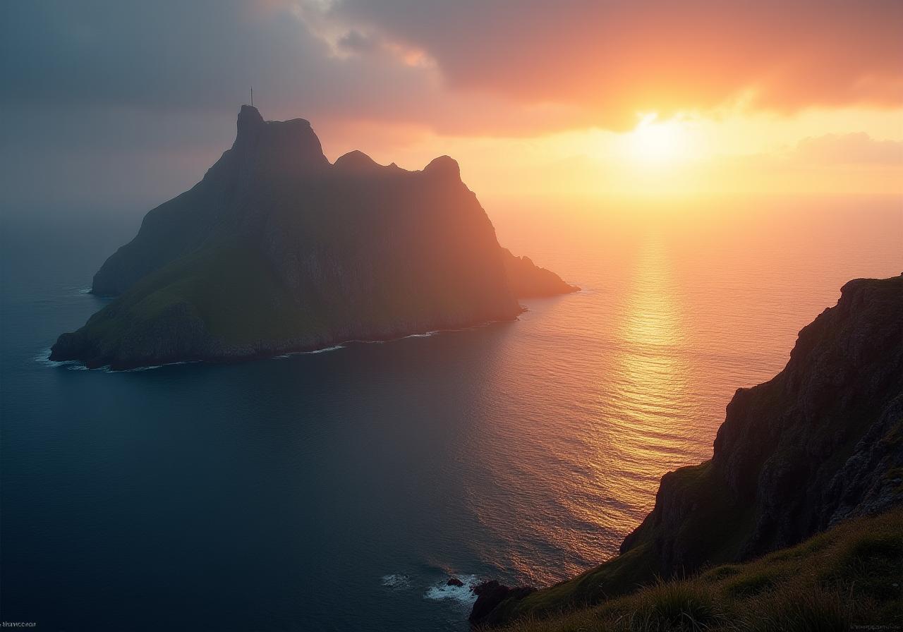 Dramatic view of Skellig Michael island off the coast of Ireland at sunrise.