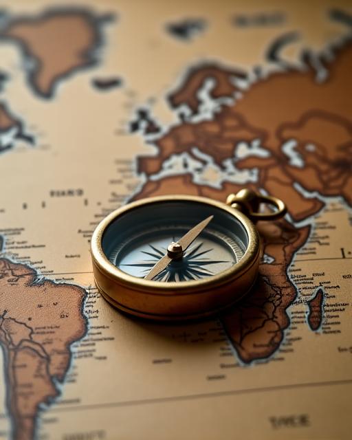 An antique brass compass resting on a vintage map of the world.
